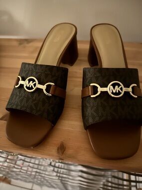 Michael Kors Black Monogram and Brown Leather Logo Block Heel Mules